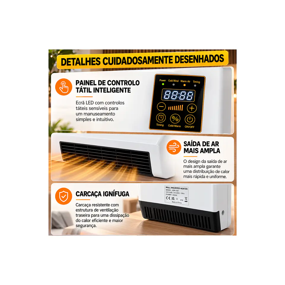 Aquecedor de Parede 2000W com Comando, Painel Tátil e Temporizador 8H 3