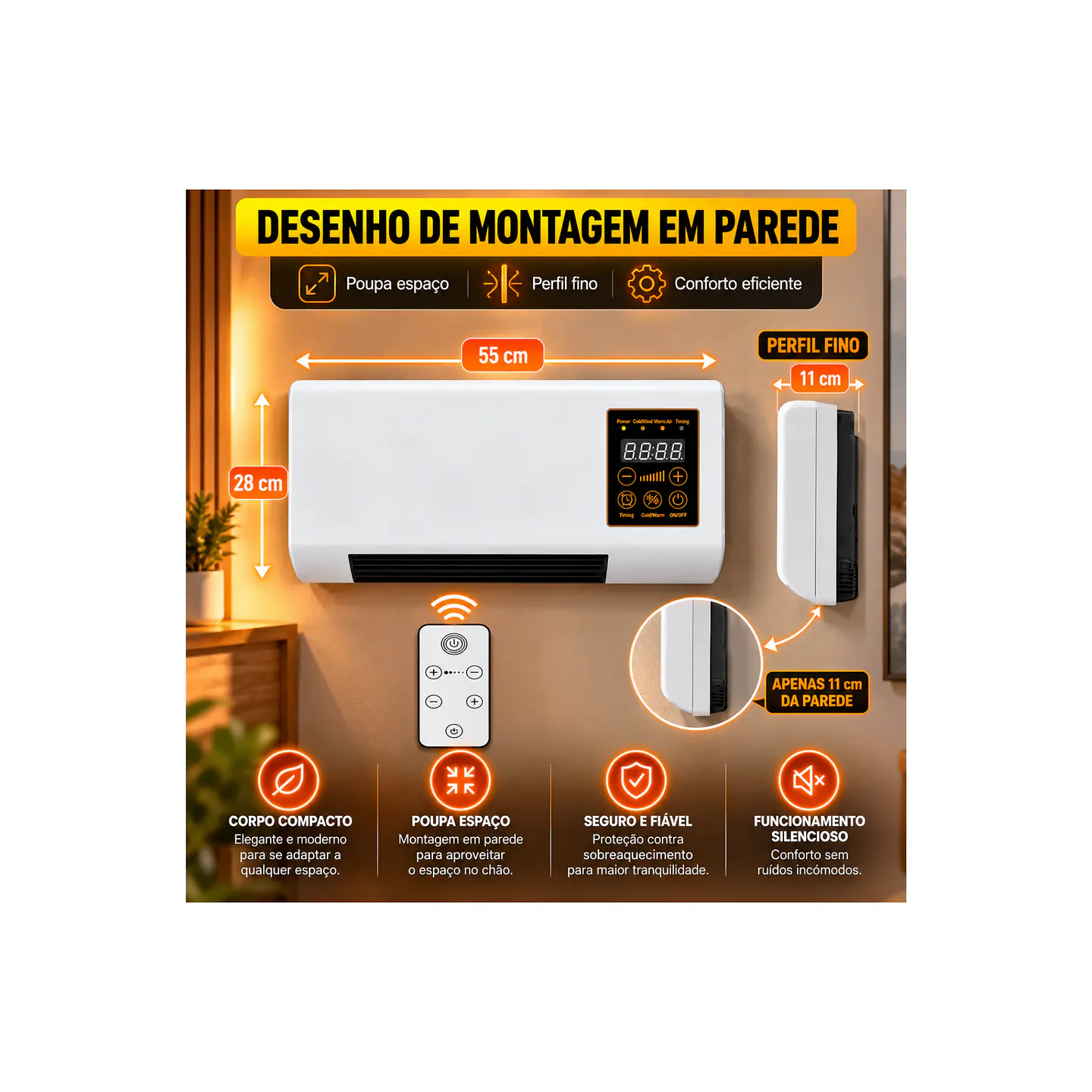 Aquecedor de Parede 2000W com Comando, Painel Tátil e Temporizador 8H 7