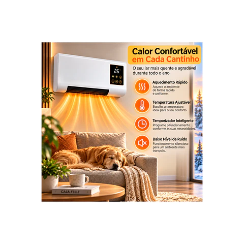 Aquecedor de Parede 2000W com Comando, Painel Tátil e Temporizador 8H