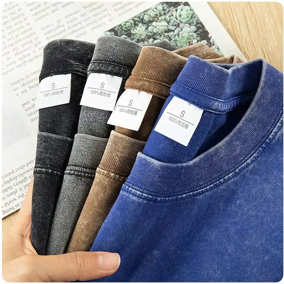 Washed And Distressed 230g Heavyweight Cotton Short Sleeved T-shirt Versatile Men Women Summer Solid Color Loose T Shirts Top 1