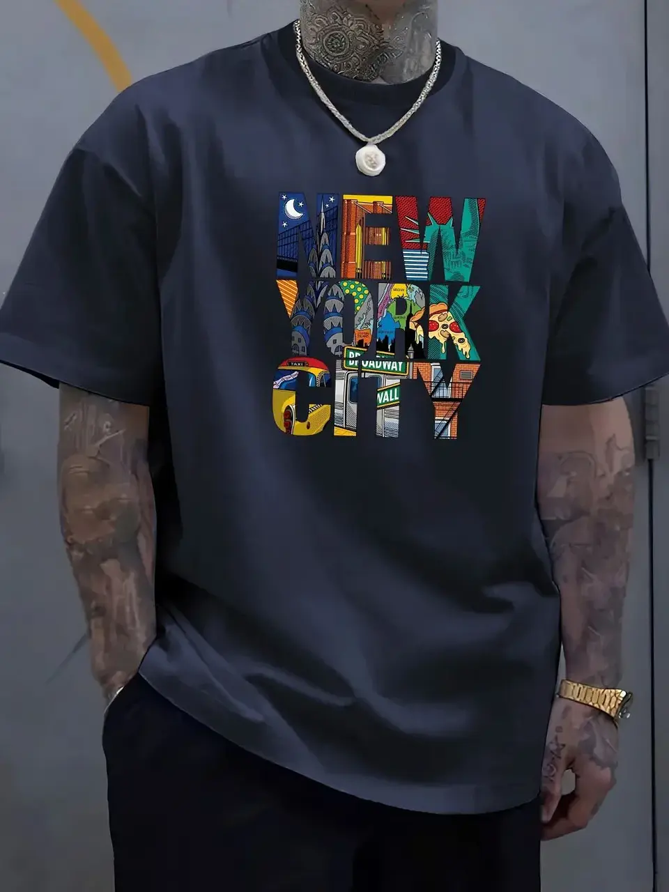 New men's polyester fabric comfortable casual loose plus size New York City printed sports round neck short sleeved T-shirt top 3
