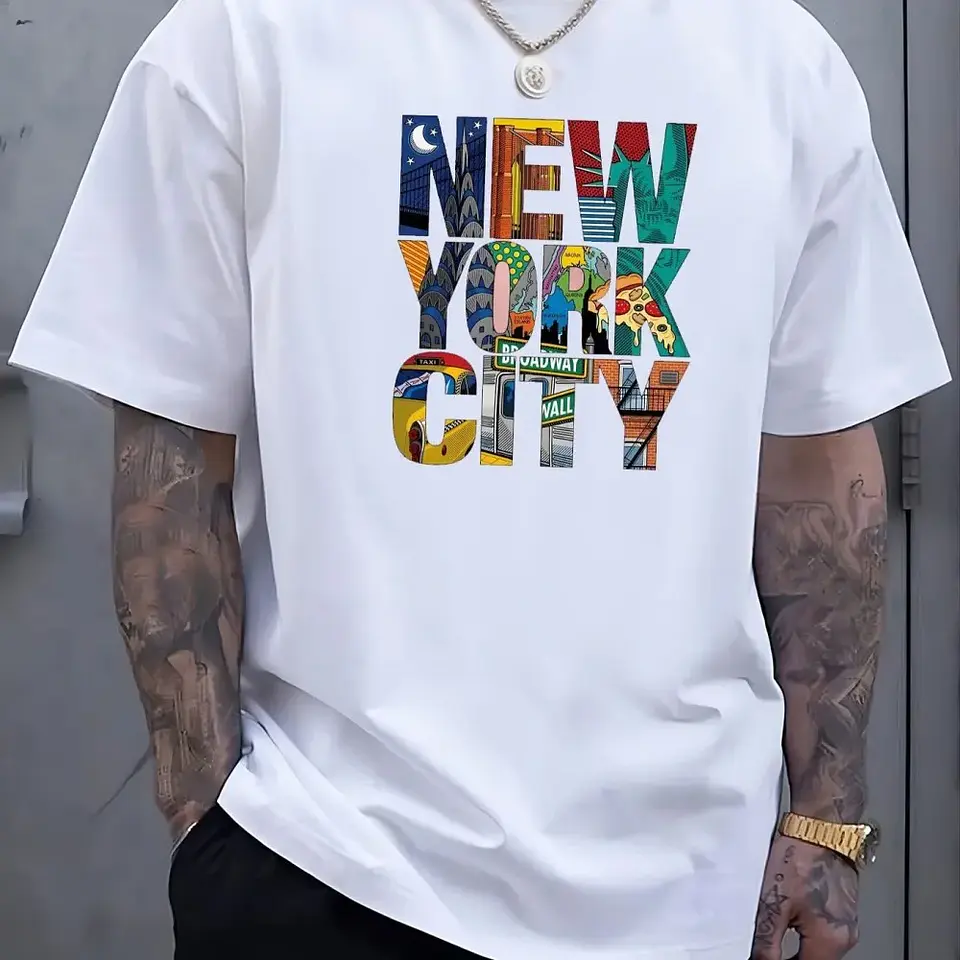 New men's polyester fabric comfortable casual loose plus size New York City printed sports round neck short sleeved T-shirt top 5
