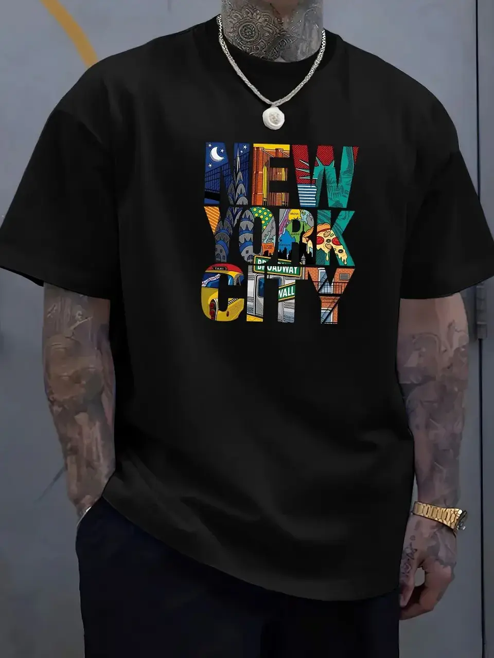 New men's polyester fabric comfortable casual loose plus size New York City printed sports round neck short sleeved T-shirt top 6