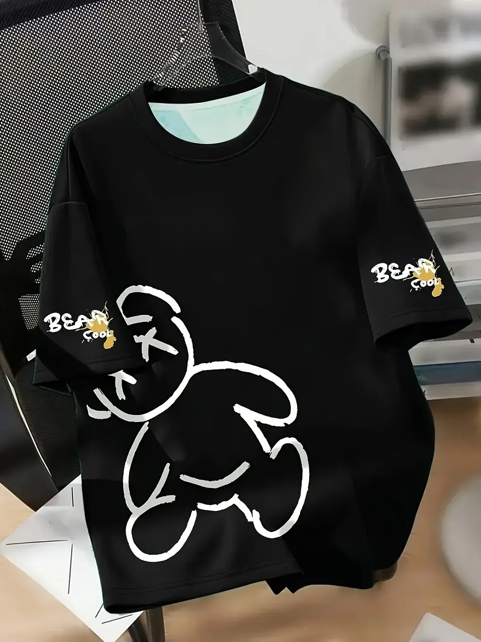 Summer men's round neck breathable T-shirt with cartoon bear print pattern suitable for daily and weekend gifting to friends 3