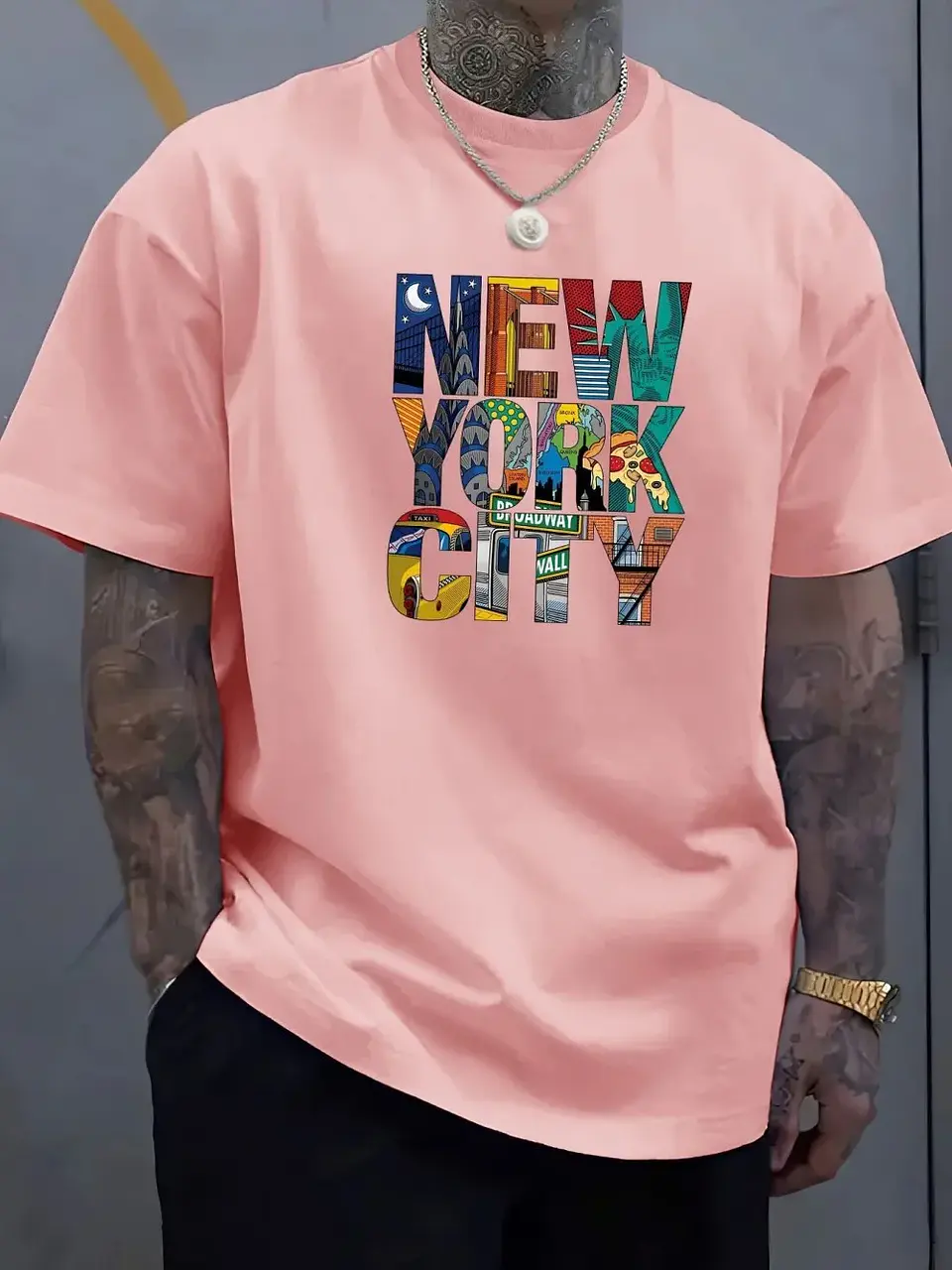 New men's polyester fabric comfortable casual loose plus size New York City printed sports round neck short sleeved T-shirt top 1