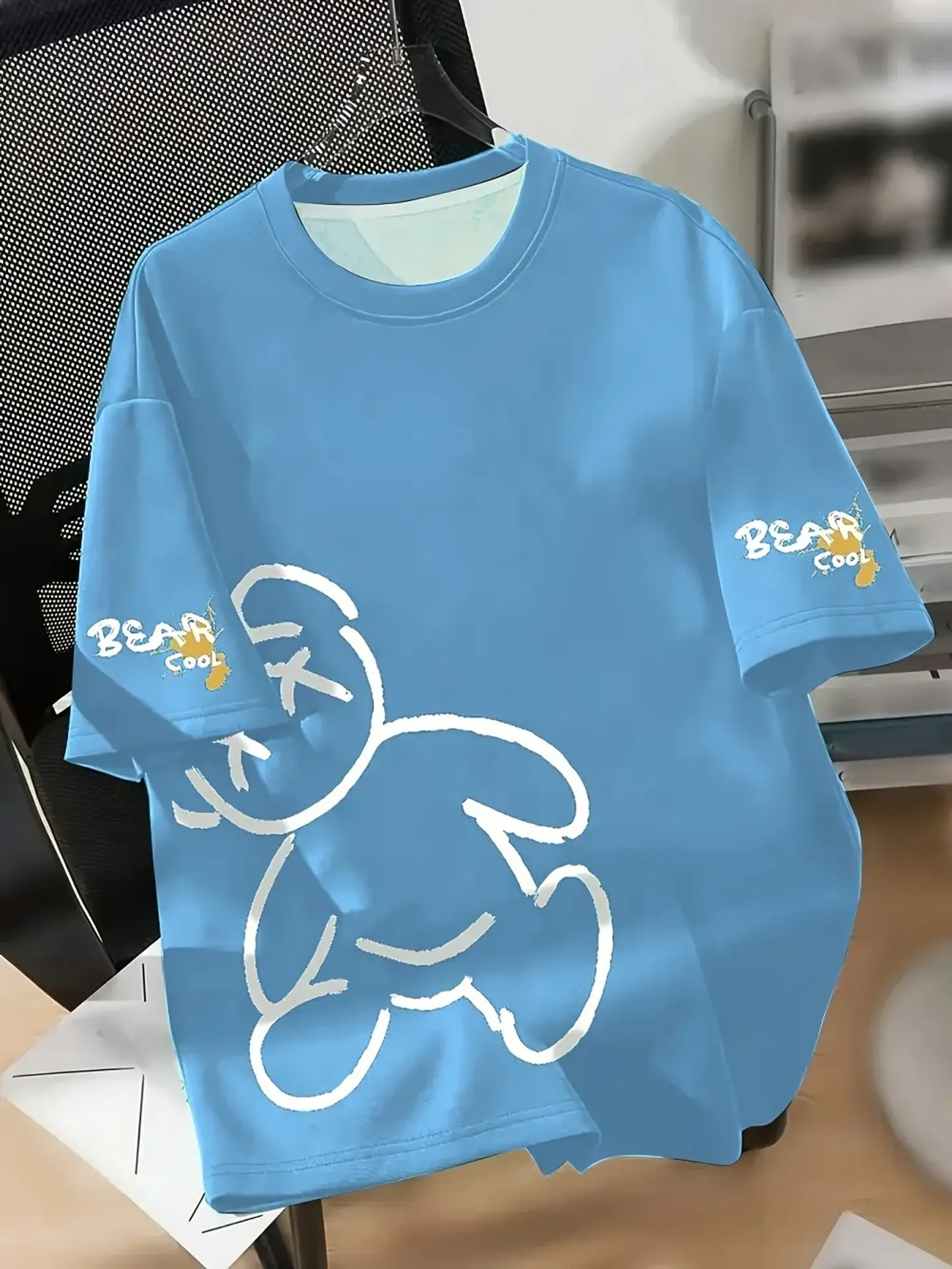 Summer men's round neck breathable T-shirt with cartoon bear print pattern suitable for daily and weekend gifting to friends 4