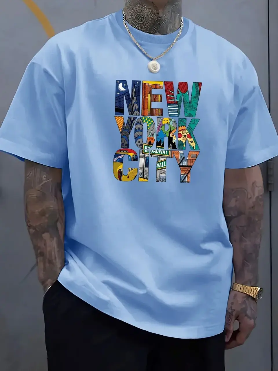 New men's polyester fabric comfortable casual loose plus size New York City printed sports round neck short sleeved T-shirt top 2