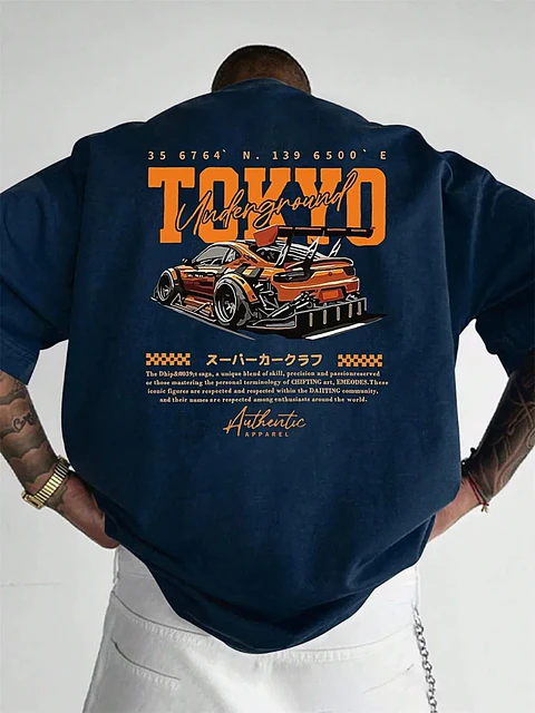New men's summer fashion casual Japanese Tokyo pattern printed round neck short sleeved polyester fabric breathable T-shirt