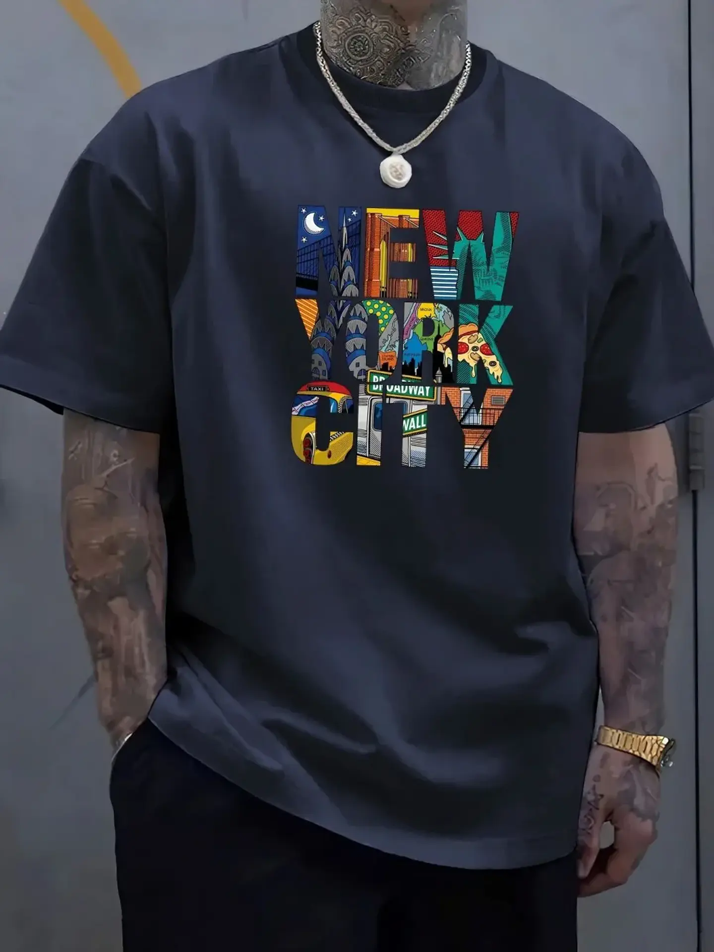 New men's polyester fabric comfortable casual loose plus size New York City printed sports round neck short sleeved T-shirt top 3