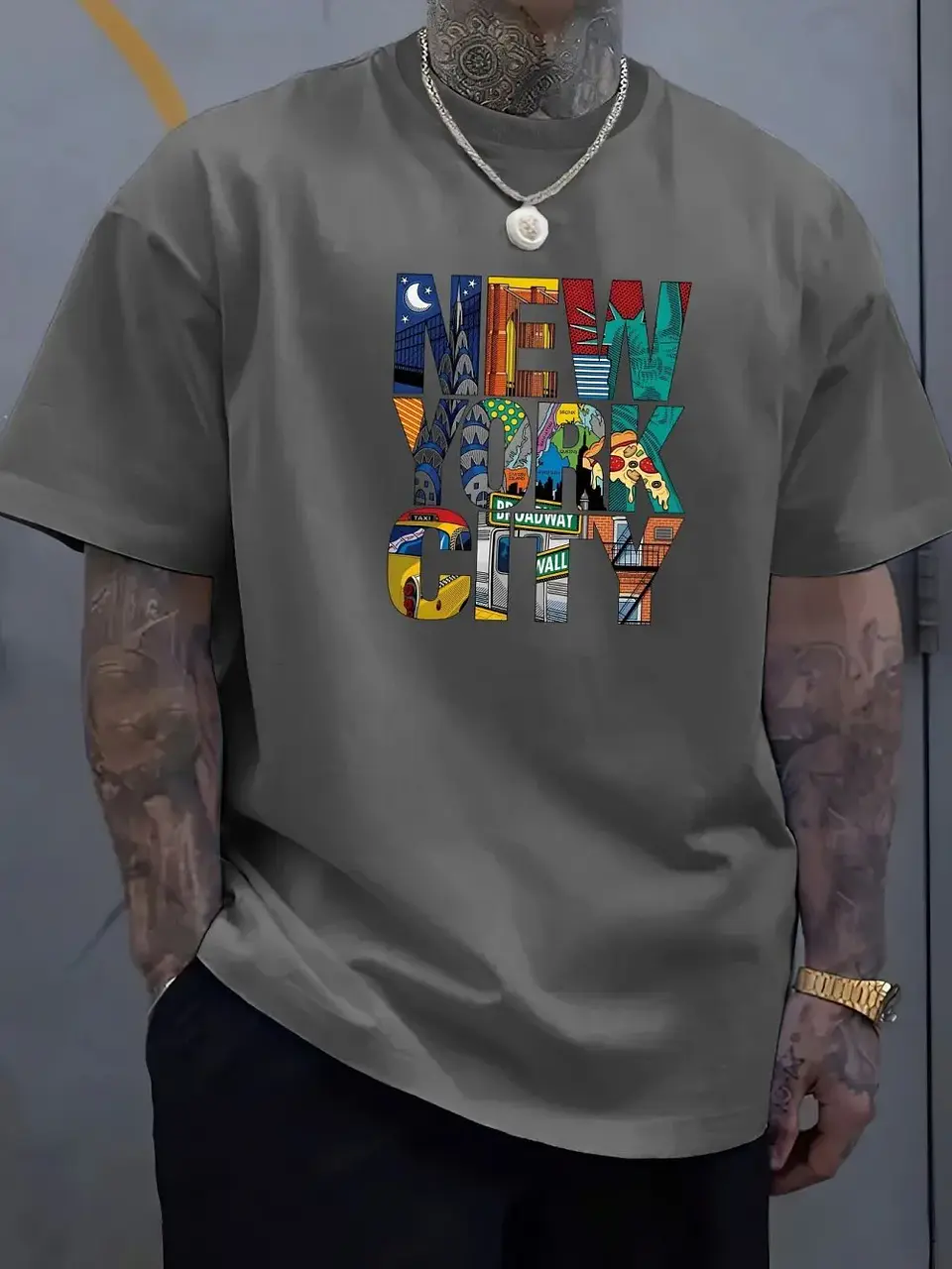 New men's polyester fabric comfortable casual loose plus size New York City printed sports round neck short sleeved T-shirt top 4