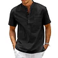 Cotton Linen Shirt Men Henley Neck Pocket Casual Beach Short Sleeve Solid Color Male Tops T-shirts Vintage Streetwear - Thumbnail 2