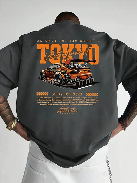 New men's summer fashion casual Japanese Tokyo pattern printed round neck short sleeved polyester fabric breathable T-shirt