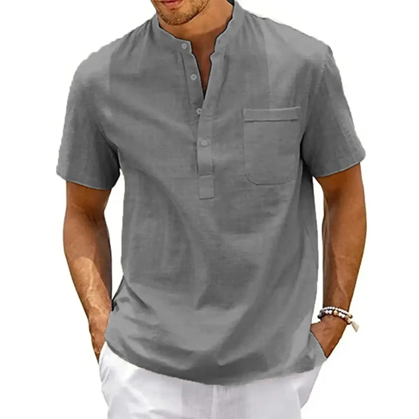 Cotton Linen Shirt Men Henley Neck Pocket Casual Beach Short Sleeve Solid Color Male Tops T-shirts Vintage Streetwear 3