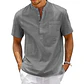 Cotton Linen Shirt Men Henley Neck Pocket Casual Beach Short Sleeve Solid Color Male Tops T-shirts Vintage Streetwear - Thumbnail 3
