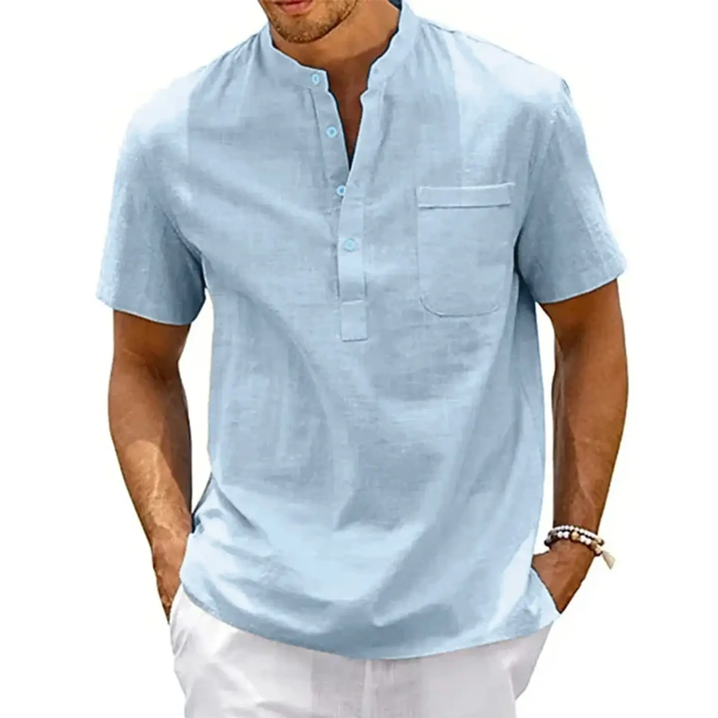 Cotton Linen Shirt Men Henley Neck Pocket Casual Beach Short Sleeve Solid Color Male Tops T-shirts Vintage Streetwear 4