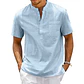 Cotton Linen Shirt Men Henley Neck Pocket Casual Beach Short Sleeve Solid Color Male Tops T-shirts Vintage Streetwear - Thumbnail 4