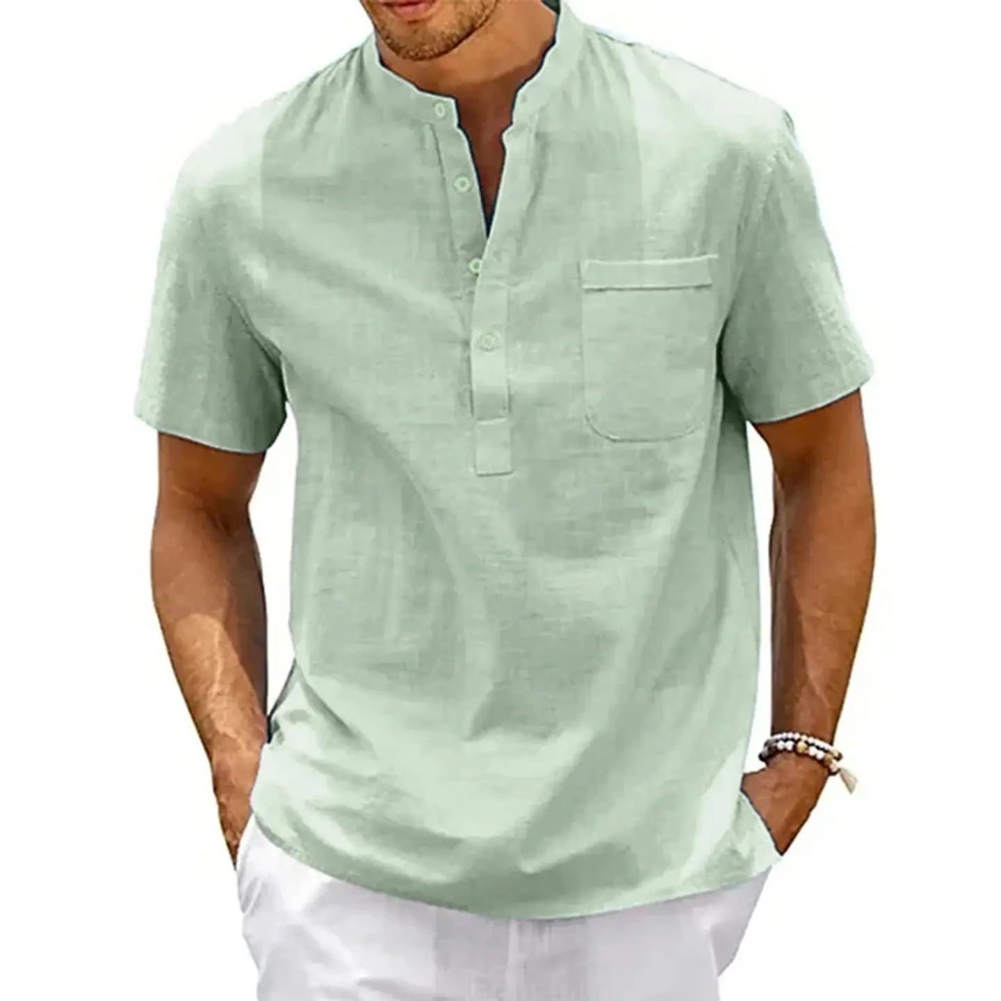 Cotton Linen Shirt Men Henley Neck Pocket Casual Beach Short Sleeve Solid Color Male Tops T-shirts Vintage Streetwear 5