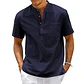 Cotton Linen Shirt Men Henley Neck Pocket Casual Beach Short Sleeve Solid Color Male Tops T-shirts Vintage Streetwear - Thumbnail 7