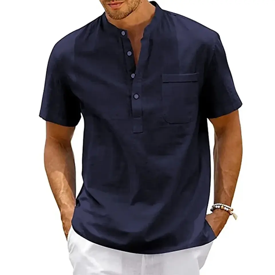 Cotton Linen Shirt Men Henley Neck Pocket Casual Beach Short Sleeve Solid Color Male Tops T-shirts Vintage Streetwear 7