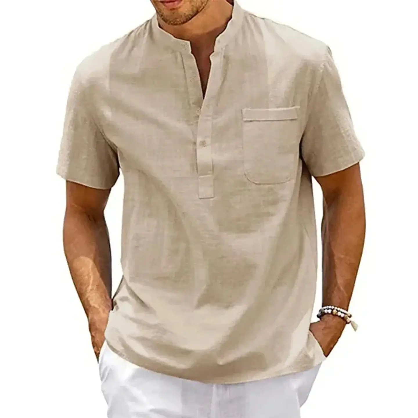 Cotton Linen Shirt Men Henley Neck Pocket Casual Beach Short Sleeve Solid Color Male Tops T-shirts Vintage Streetwear 8