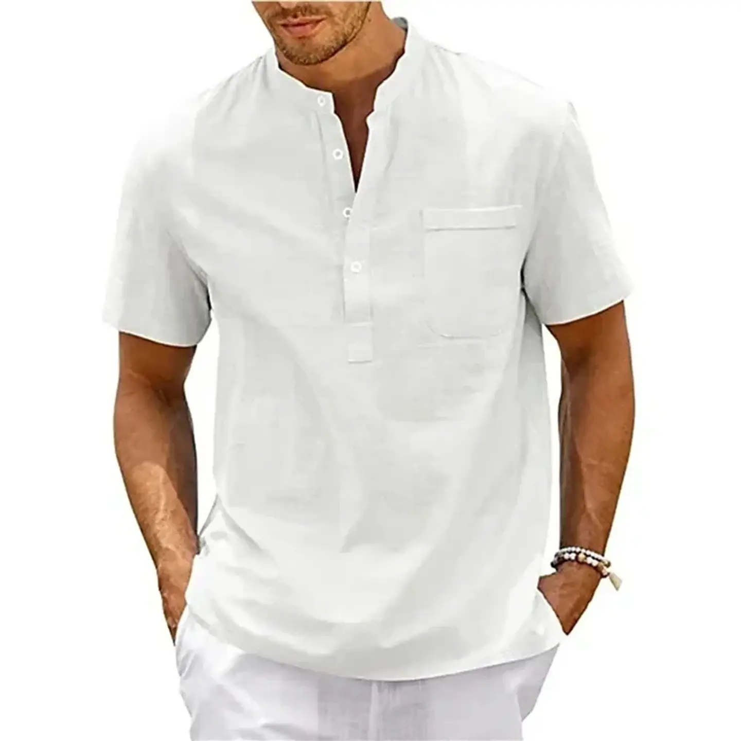 Cotton Linen Shirt Men Henley Neck Pocket Casual Beach Short Sleeve Solid Color Male Tops T-shirts Vintage Streetwear 9