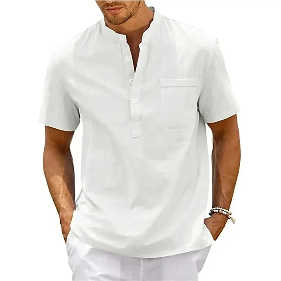 Cotton Linen Shirt Men Henley Neck Pocket Casual Beach Short Sleeve Solid Color Male Tops T-shirts Vintage Streetwear 9