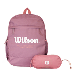 Pack Wilson mochila Atom lila + estuche Charlotte rosado