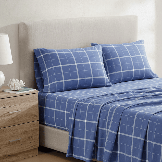 Juego de sábanas Nautica 4 piezas microfibra 2 plazas diseño a cuadros azul