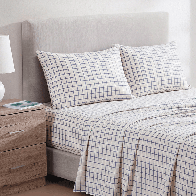 Juego de sábanas Nautica 4 piezas microfibra 2 plazas diseño a cuadros blanco