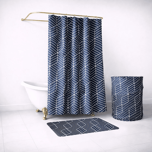 Set para baño Nautica Home Cortina+Alfombra+cesta diseño azul