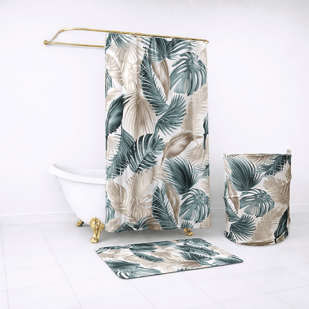 Set para baño Nautica Home Cortina+Alfombra+cesta diseño hojas tropicales