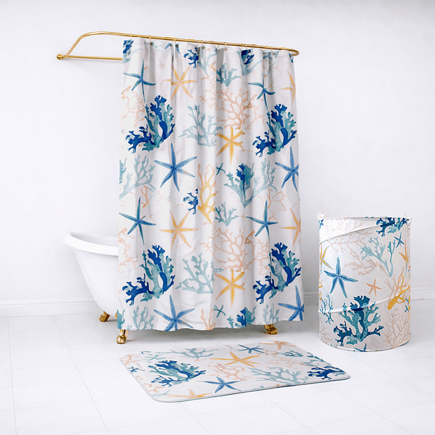 Set para baño Nautica Home Cortina+Alfombra+cesta diseño corales de mar