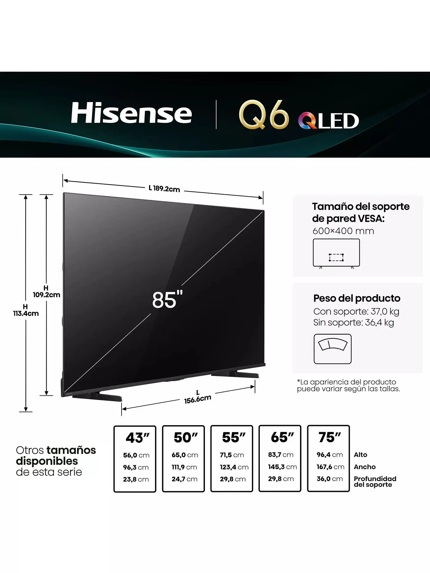 QLED Smart TV 85’’ 4K UHD 85Q6QV  3