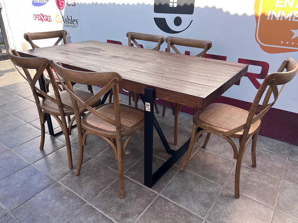 JUEGO DE COMEDOR RIPLEY HOME IRRONBRIDGE CRUZETA 6 SILLAS MADERA Y METAL NUEVO   3