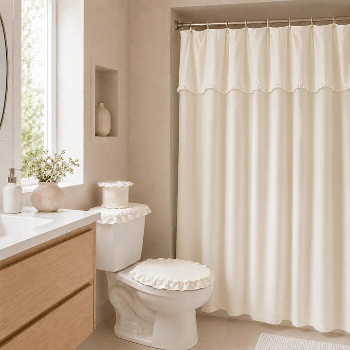 Juego Cortina Broderie para Baño 6 Piezas Beige 1