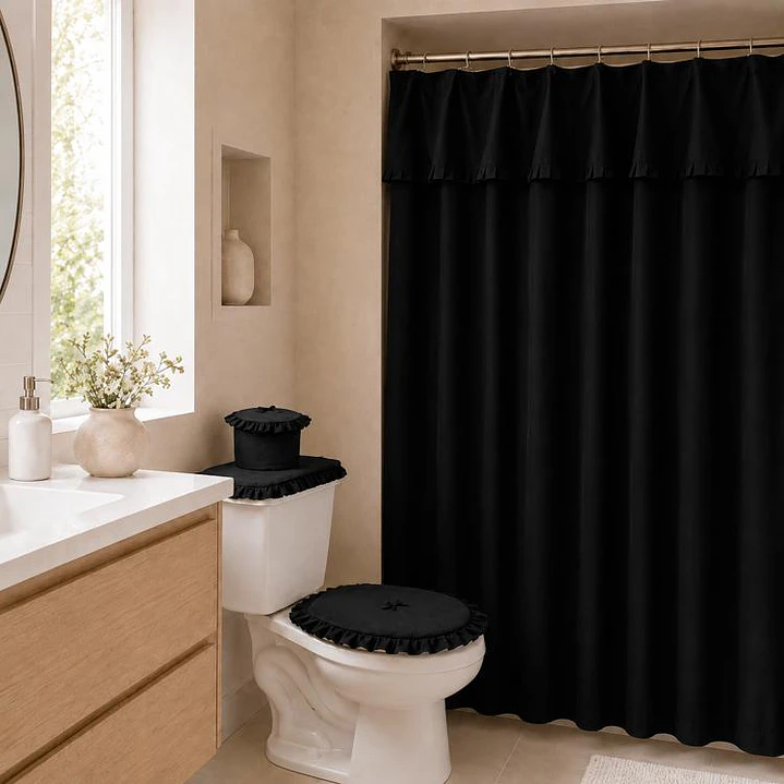 Juego Cortina Recogida para Baño Lisa Negro 1