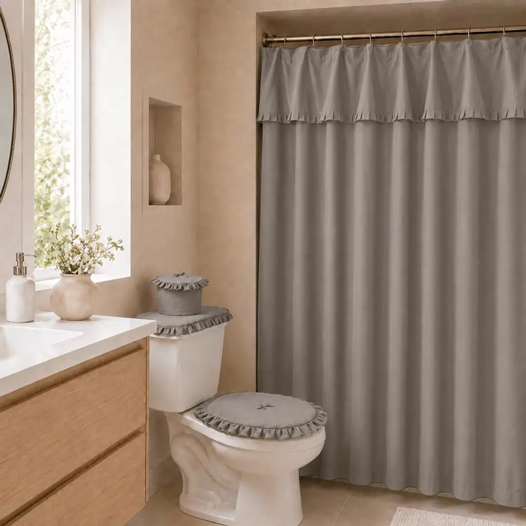 Juego Cortina Recogida para Baño Lisa Gris Perla 1