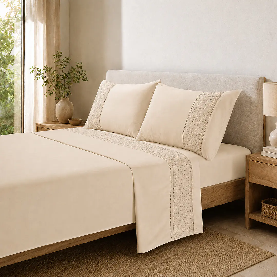 Juego de Sábanas 180 Hilos Broderie Beige 1,5 Plazas 1
