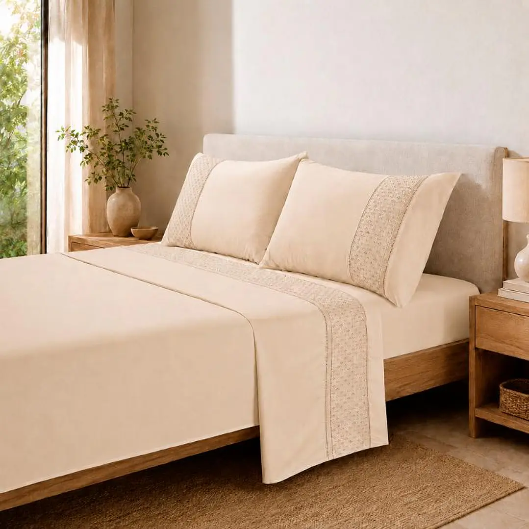 Juego de Sábanas 180 Hilos Broderie Beige King 1
