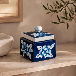 Cofre Flores Azul con Tapa
