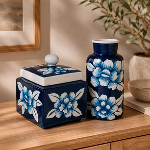 Cofre Flores Azul con Tapa