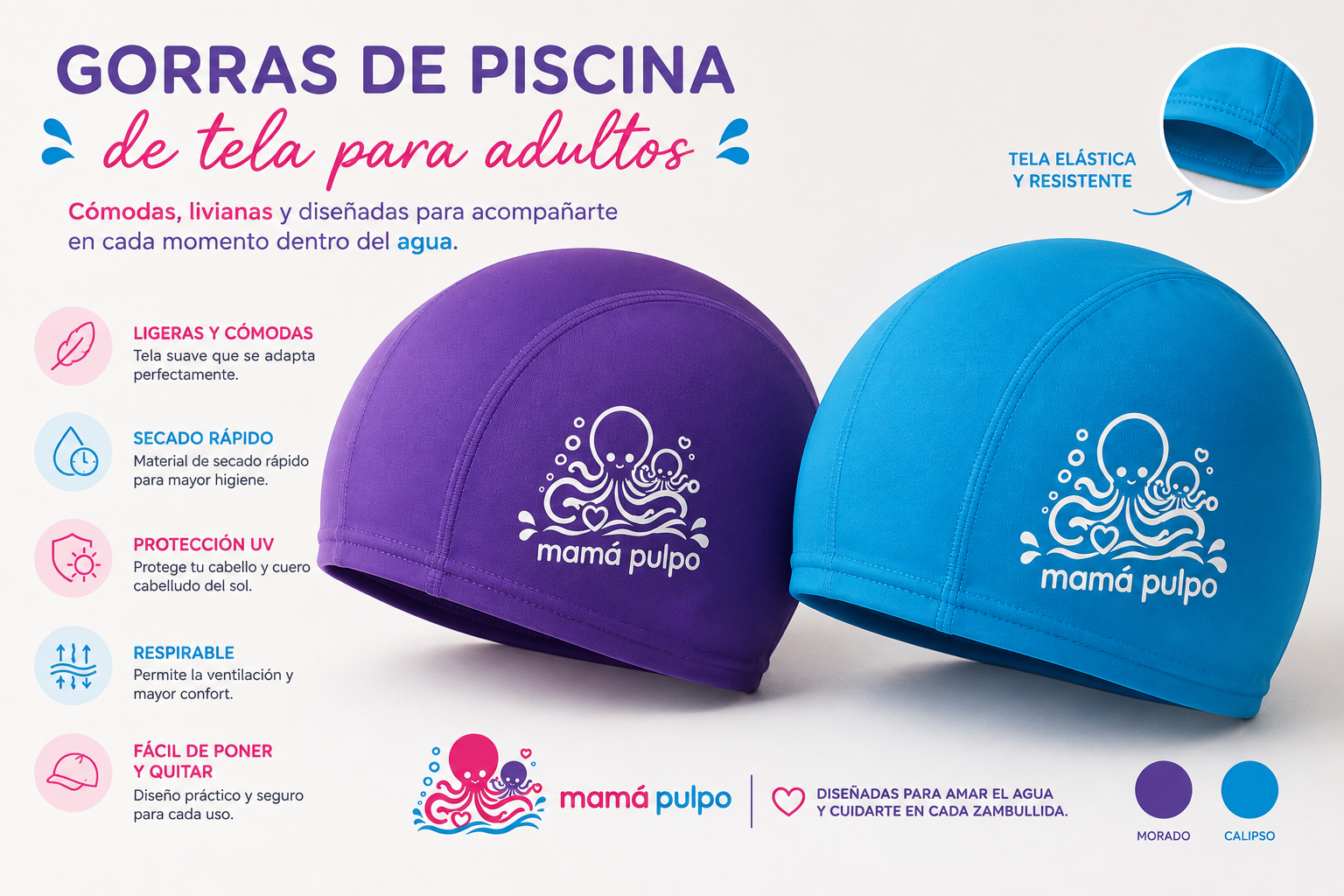 Gorra de Piscina de Tela para ADULTOS Mamá Pulpo