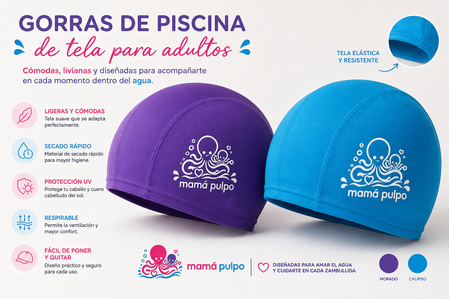 Gorra de Piscina de Tela para ADULTOS Mamá Pulpo 1