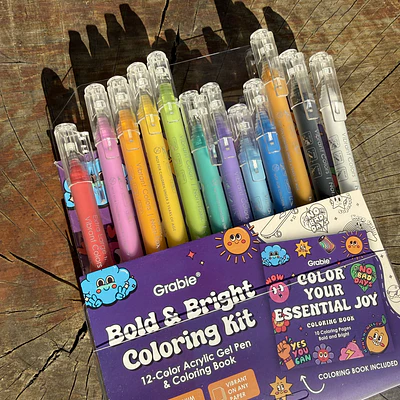 Acrilico Punta fina, Essential Joy,  12 colores + libro de colorear, Grabie. 