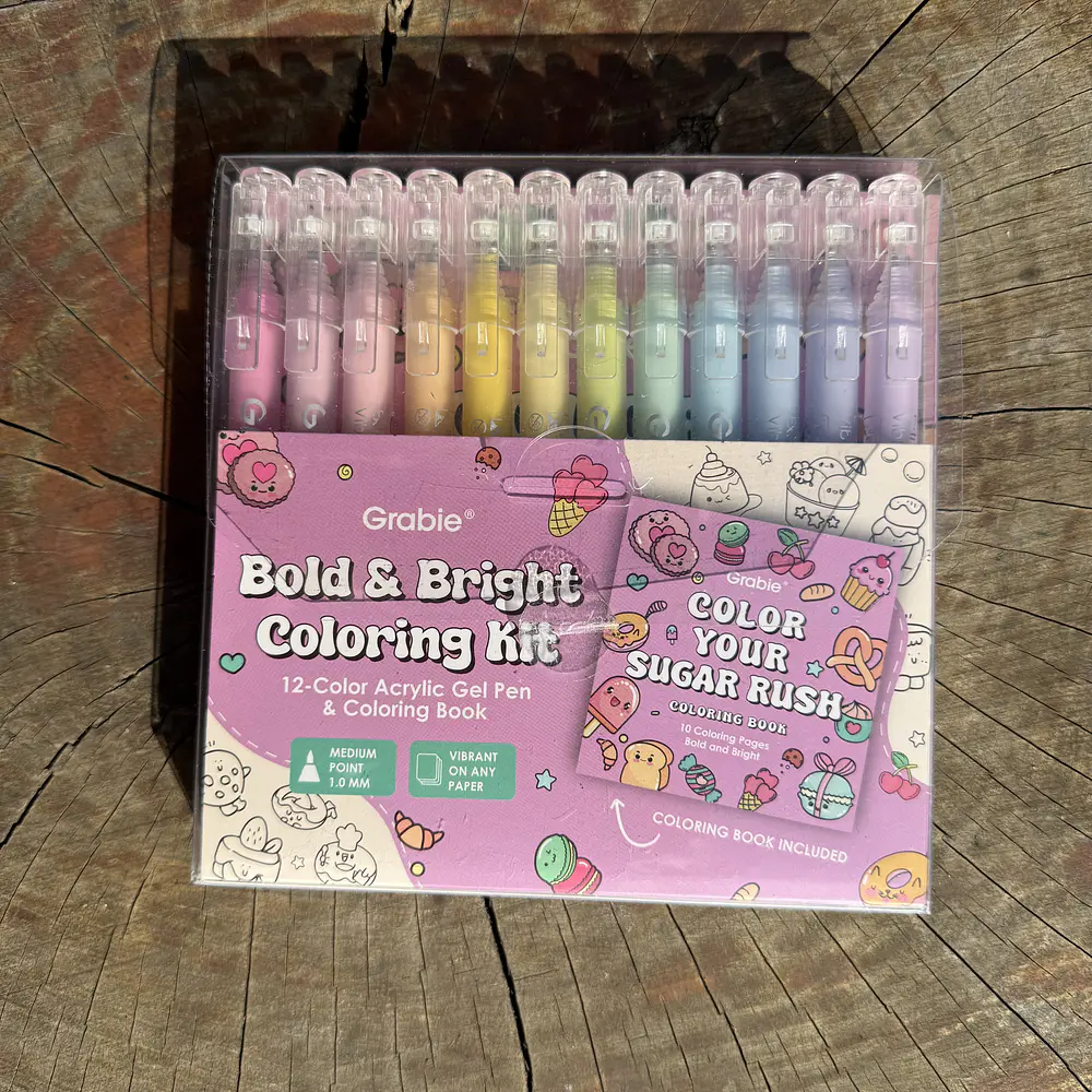 Acrilico Punta fina, Sugar Rush,  12 colores + libro de colorear, Grabie. 