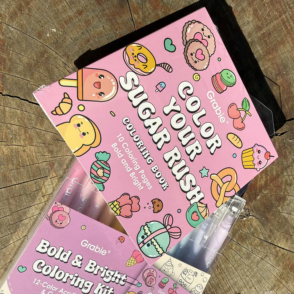 Acrilico Punta fina, Sugar Rush,  12 colores + libro de colorear, Grabie. 