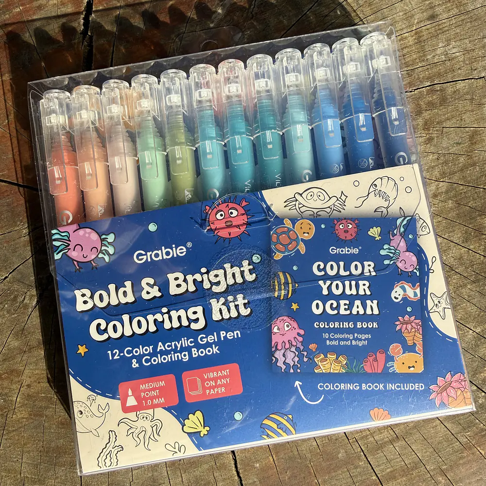 Acrilico Punta fina, Ocean,  12 colores + libro de colorear, Grabie.