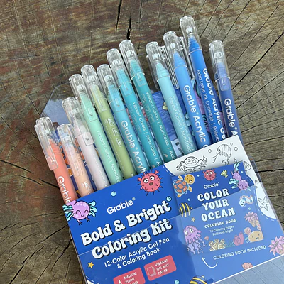 Acrilico Punta fina, Ocean,  12 colores + libro de colorear, Grabie.