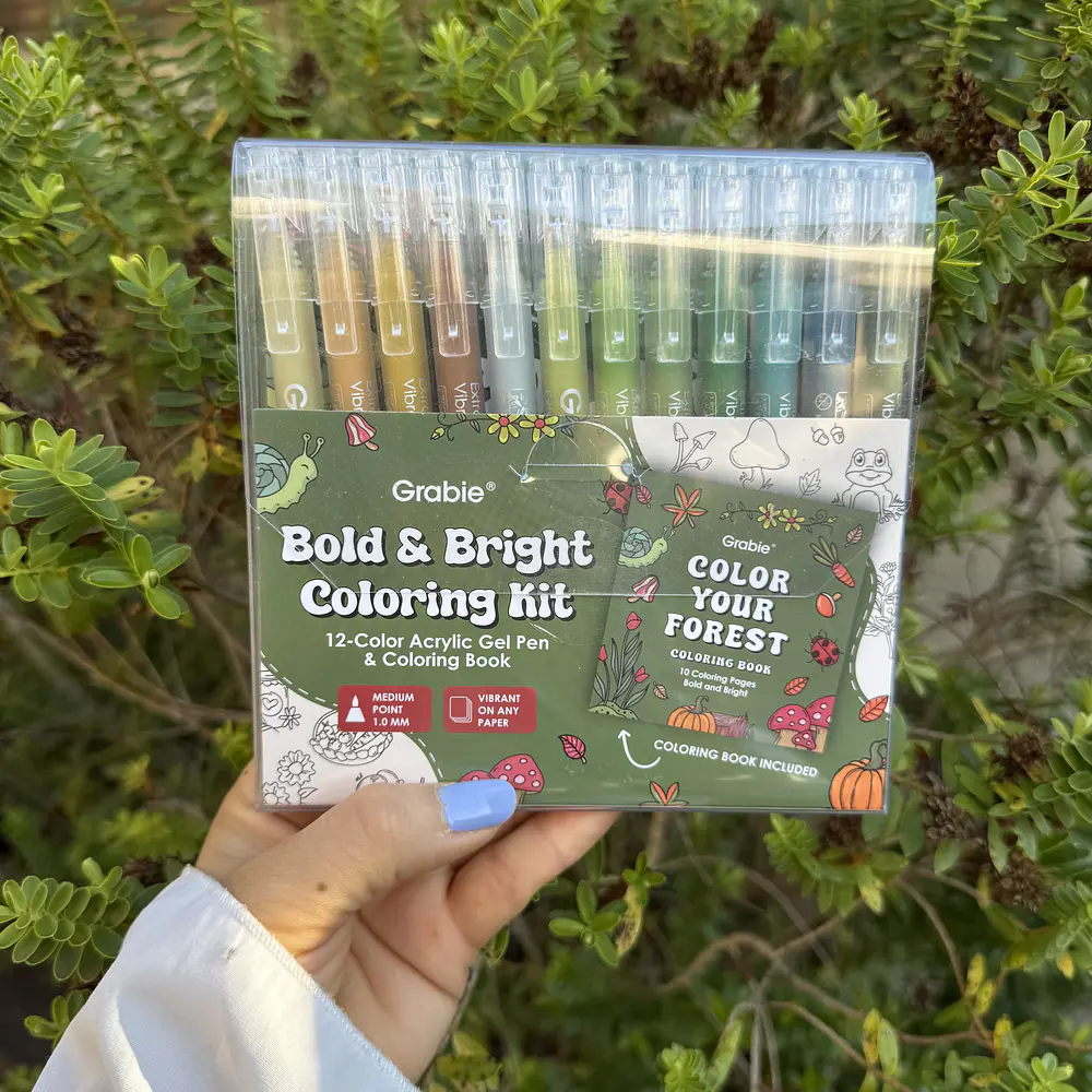 Acrilico Punta fina, Forest,  12 colores + libro de colorear, Grabie.