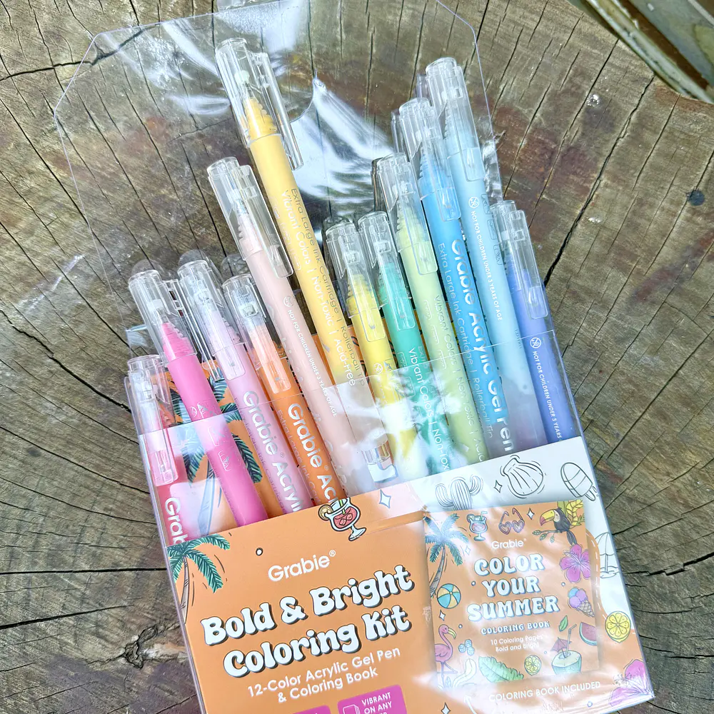 Acrílico Punta fina, Summer,  12 colores + libro de colorear, Grabie.